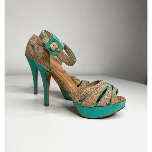 Aldo Platform Turquoise Suede & Tan Cork Stiletto Heel Ankle Strap Sandal 5.5