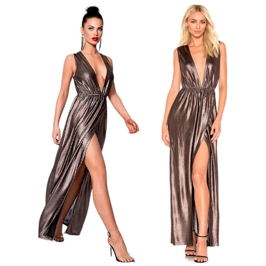 About Us Meredith Plunge Maxi Deep VNeck Sleeveless Shiny Bronze Metallic Small