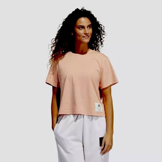 Adidas Peach Three-Stripe Life Boyfriend Short Sleeve Crew Neck Cropped Tee XS