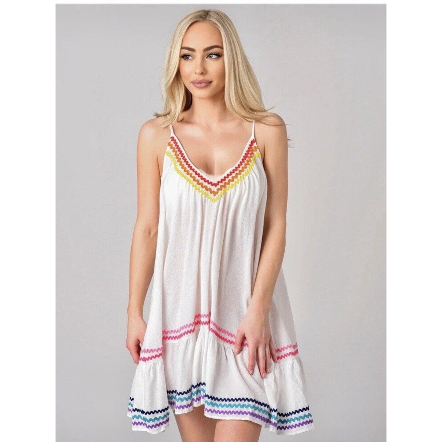 9 Seed St Tropez Cute Rainbow Zig Zag Trim Flowy VNeck Mini Pleated Sun Dress OS