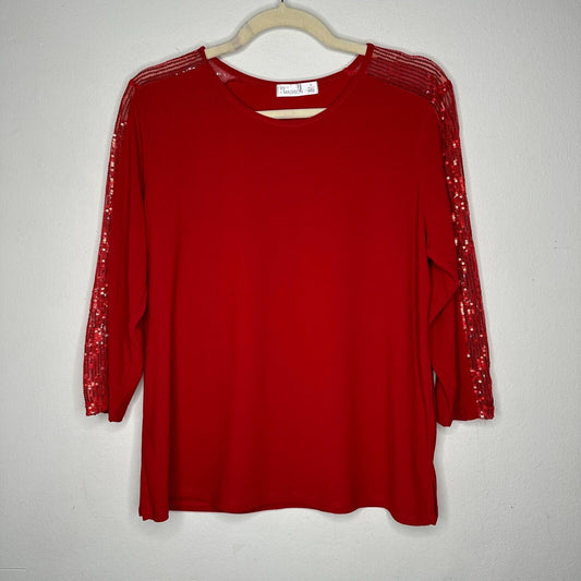 89th + Madison Deep Red Round Neck 3/4 Sequin Sleeve Pullover Blouse Petit L